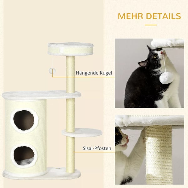PawHut kradsetræ 100 cm, sisal, cremefarvet, med hule og legbold