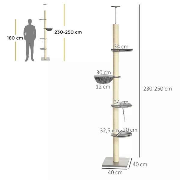 Kattokorkea Kissan Raapimipu Kiipeilypuu Hammokilla ja Riippumatolla, Säädettävä 230-250cm, Harmaa/Kermanvalkoinen, Polysteripäällysteellä