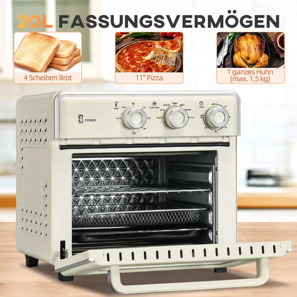 HOMCOM 20L Mini-uuni konvektiolla, 5-in-1 Pizzauuni, 1400W, Kermanvalkoinen/Hopea, Teräs