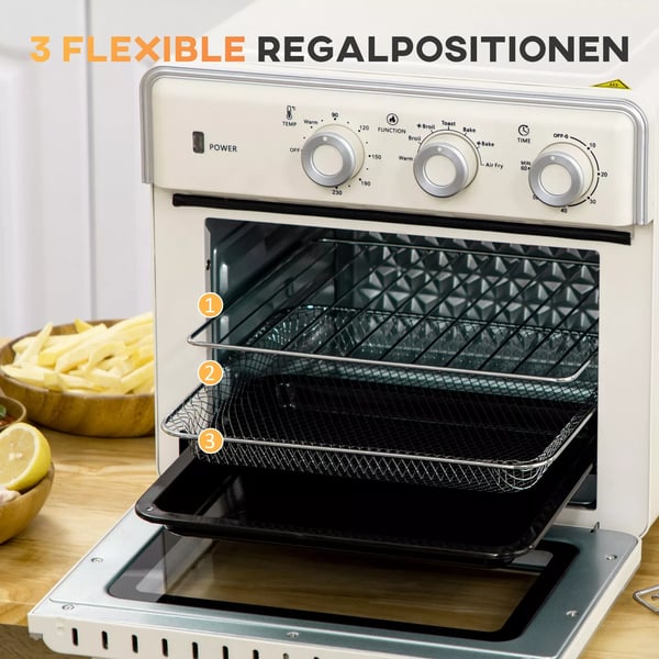 HOMCOM 20L Mini-uuni konvektiolla, 5-in-1 Pizzauuni, 1400W, Kermanvalkoinen/Hopea, Teräs