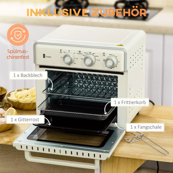 HOMCOM 20L Mini-uuni konvektiolla, 5-in-1 Pizzauuni, 1400W, Kermanvalkoinen/Hopea, Teräs