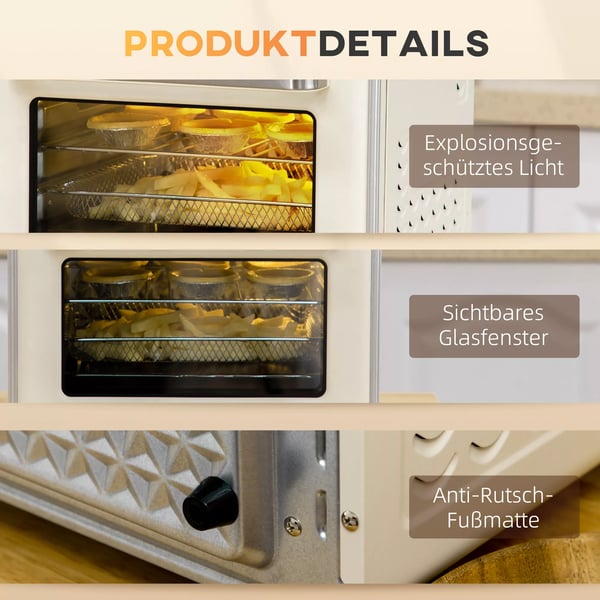 HOMCOM 20L Mini-uuni konvektiolla, 5-in-1 Pizzauuni, 1400W, Kermanvalkoinen/Hopea, Teräs