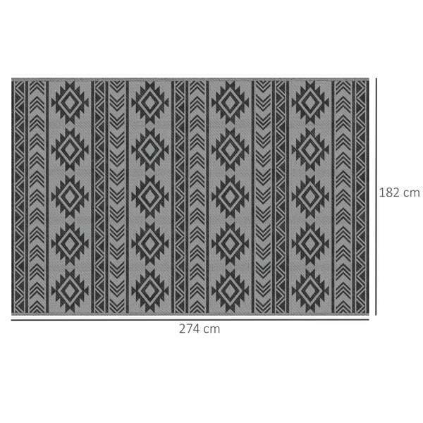 Outsunny udendørstæppe, vandafvisende plasttæppe, altantæppe med dobbeltsidet design, til terrasse, sort+grå, 182 x 274 cm