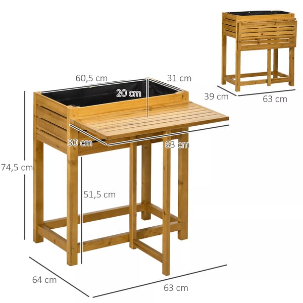 Outsunny højbed plantekasse blomsterkasse med sammenklappelig bordplade, urtebed med indvendig fleecebeklædning, træ, brun, 64 x 80 x 30 cm