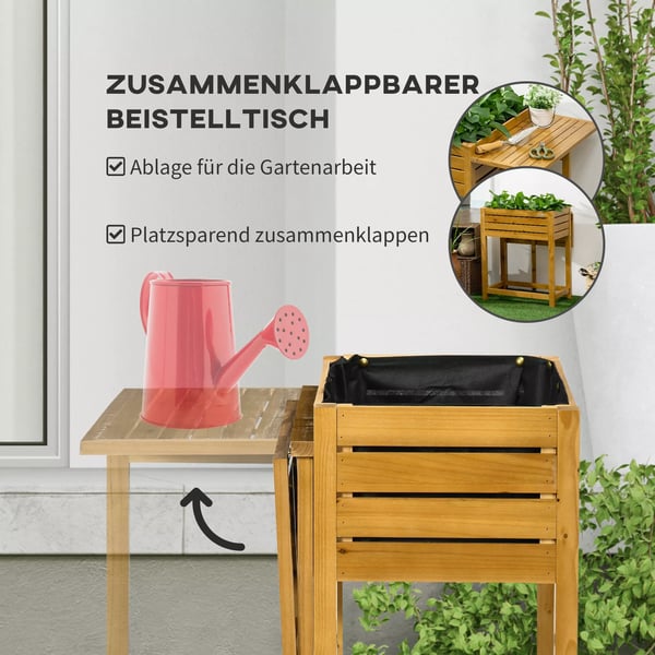 Outsunny højbed plantekasse blomsterkasse med sammenklappelig bordplade, urtebed med indvendig fleecebeklædning, træ, brun, 64 x 80 x 30 cm