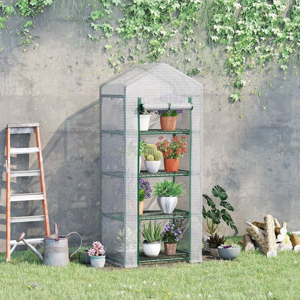 Outsunny Folie Drivhus, 4 hylder, Hvid, 70x50x160cm