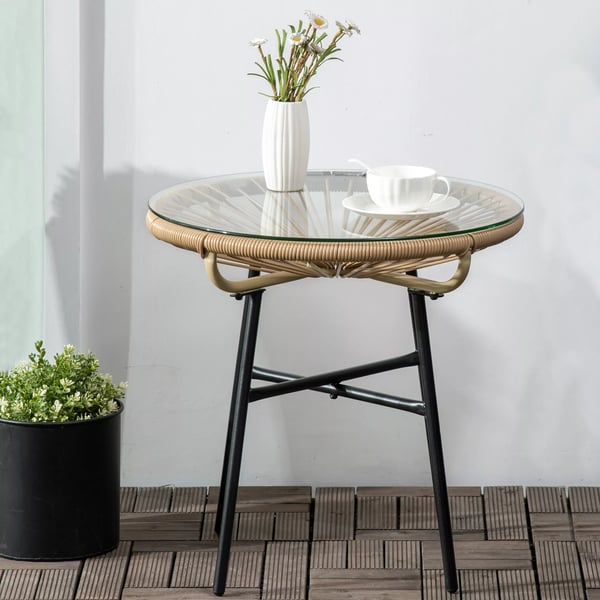 Outsunny bistrobord, rundt havebord, sidebord i rattan, til terrasse, altan, sort+beige, 50 x 50 x 50 cm