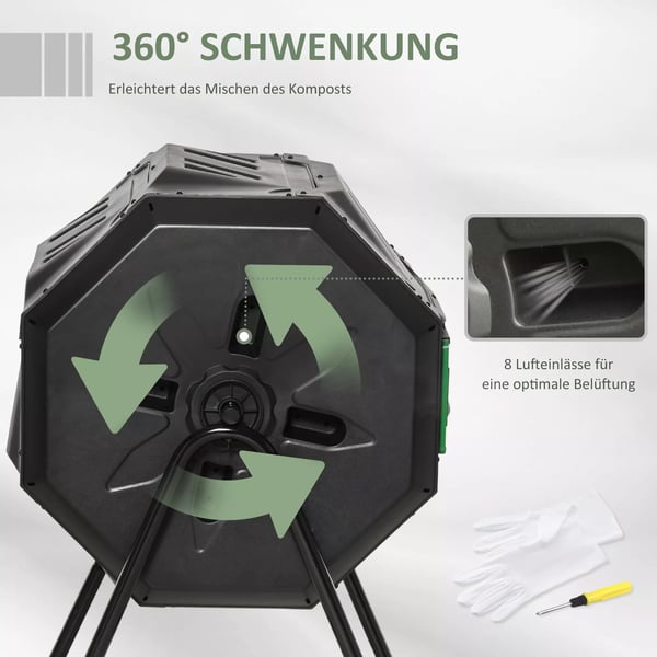 Outsunny Tromle-kompostbeholder 160L havekompostbeholder med 2 kamre, roterbar, til bioaffald, sort, effektiv & robust