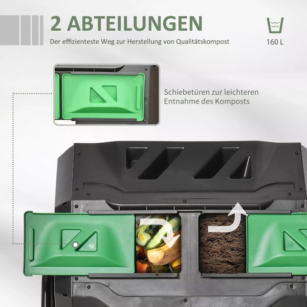 Outsunny Tromle-kompostbeholder 160L havekompostbeholder med 2 kamre, roterbar, til bioaffald, sort, effektiv & robust