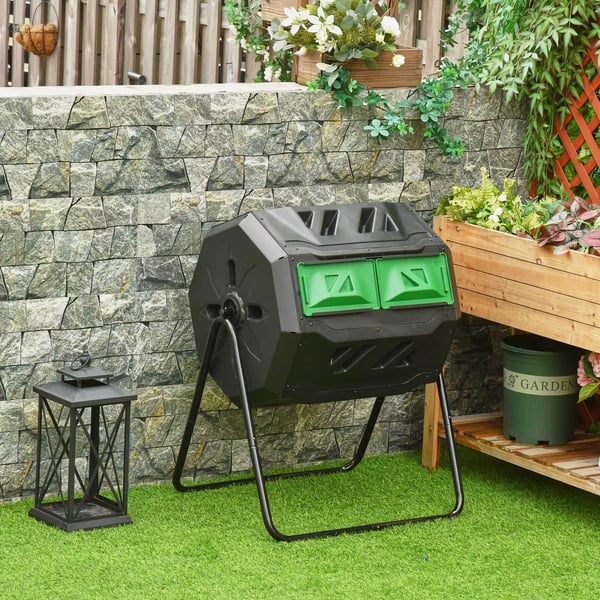 Outsunny Tromle-kompostbeholder 160L havekompostbeholder med 2 kamre, roterbar, til bioaffald, sort, effektiv & robust