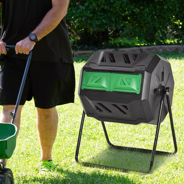 Outsunny Tromle-kompostbeholder 160L havekompostbeholder med 2 kamre, roterbar, til bioaffald, sort, effektiv & robust