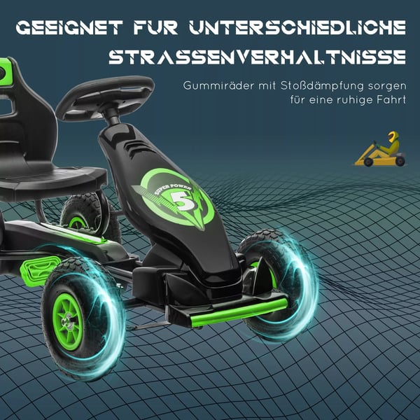 Gokart til børn, grøn/sort, justerbart sæde, gummidæk, pedal- og håndbremse, fra 5 år