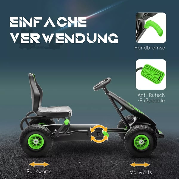 Gokart til børn, grøn/sort, justerbart sæde, gummidæk, pedal- og håndbremse, fra 5 år
