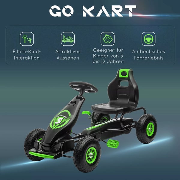 Gokart til børn, grøn/sort, justerbart sæde, gummidæk, pedal- og håndbremse, fra 5 år