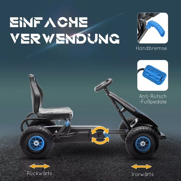 Gokart til Børn, Justerbart Sæde, Gummihjul, Håndbremse, Blå/Sort