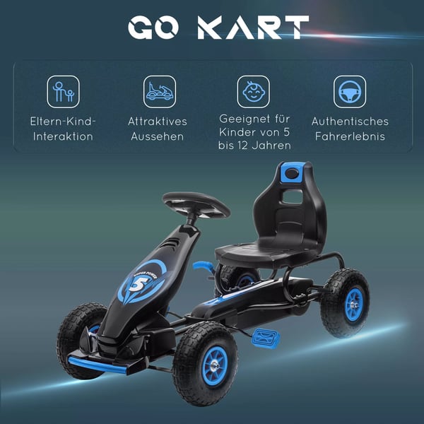 Gokart til Børn, Justerbart Sæde, Gummihjul, Håndbremse, Blå/Sort
