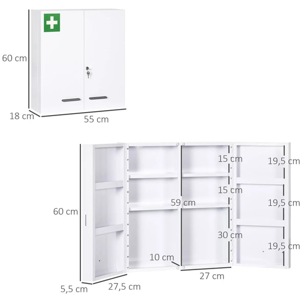 kleankin Medicinskab, 2-dørs medicinskab med 6 hylder, væghængt apotekerskab, stål, hvid, 55x18x60 cm