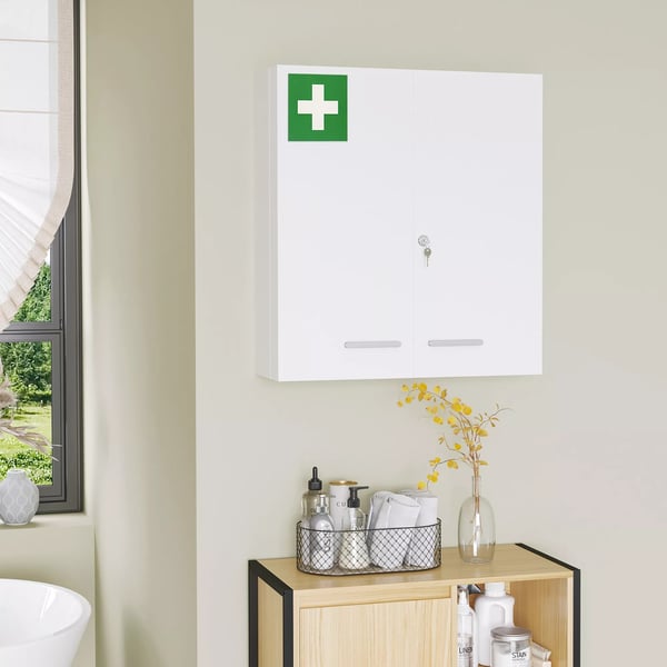 kleankin Medicinskab, 2-dørs medicinskab med 6 hylder, væghængt apotekerskab, stål, hvid, 55x18x60 cm
