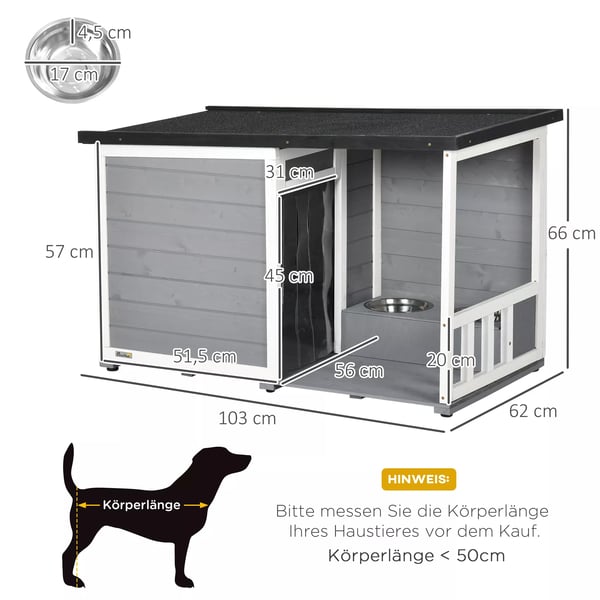 PawHut hundehus med terrasse, hundehus i grantræ med 2 skåle og asfalttag, vejrbestandig, grå, 103x62x60-66 cm