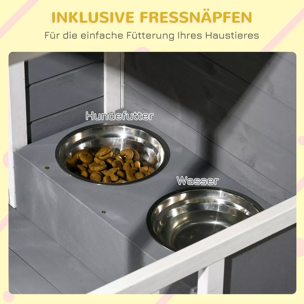 PawHut hundehus med terrasse, hundehus i grantræ med 2 skåle og asfalttag, vejrbestandig, grå, 103x62x60-66 cm