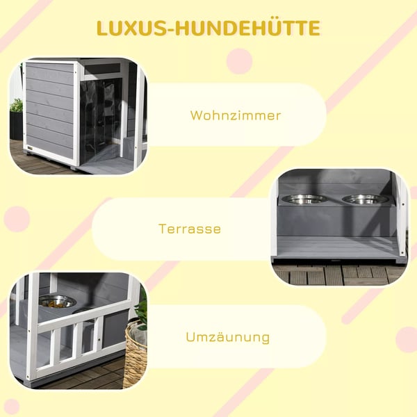 PawHut hundehus med terrasse, hundehus i grantræ med 2 skåle og asfalttag, vejrbestandig, grå, 103x62x60-66 cm