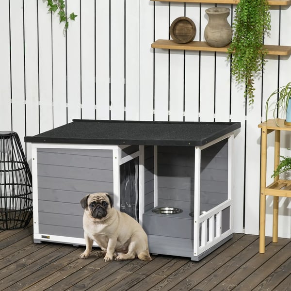 PawHut hundehus med terrasse, hundehus i grantræ med 2 skåle og asfalttag, vejrbestandig, grå, 103x62x60-66 cm