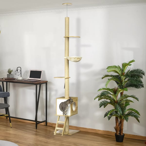 PawHut Loftskrabe møbel 240-260 cm, med hus og hængekøje, lys brun/beige