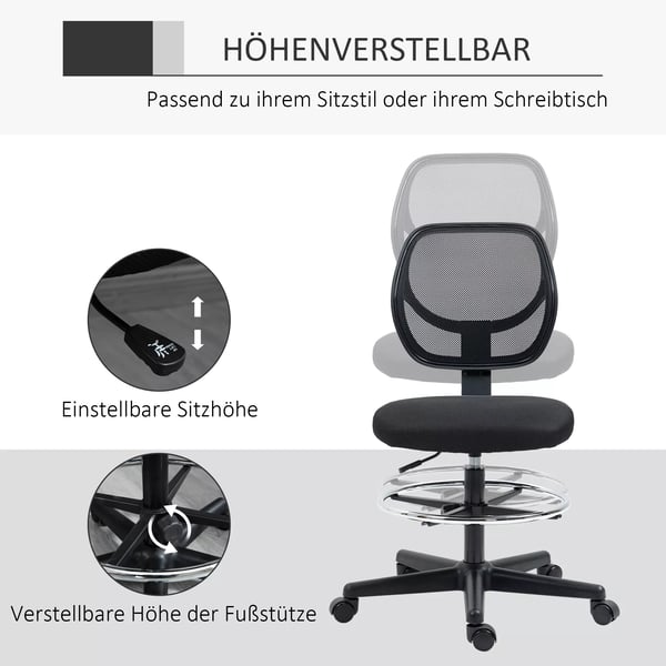 Ergonomisk Kontorstol - Justerbar Fodstøtte, 93-113cm, Hjul, Sort Mesh