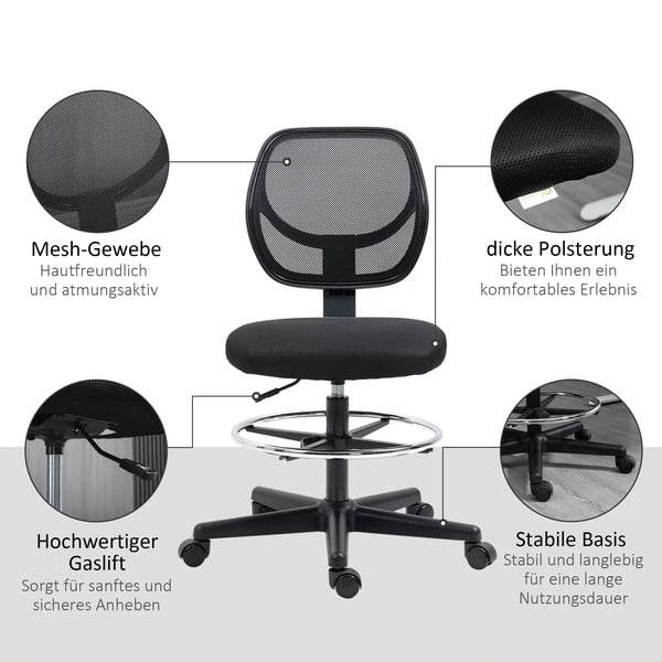 Ergonomisk Kontorstol - Justerbar Fodstøtte, 93-113cm, Hjul, Sort Mesh