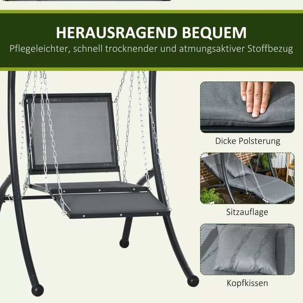 Outsunny verandahunga, trädgårdsgunga med dynor & justerbart soltak, mörkgrå
