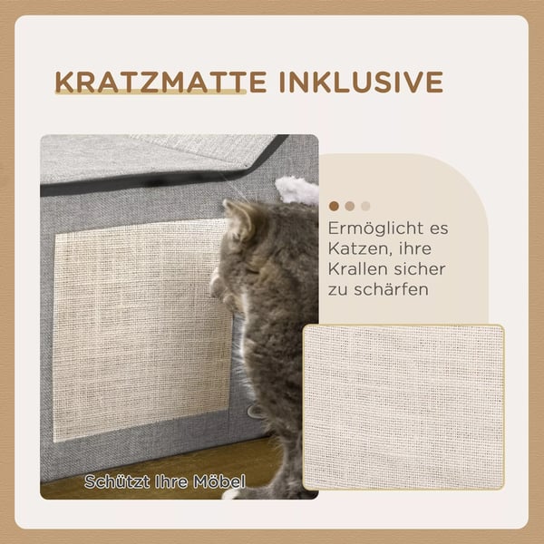 PawHut Kattehus med kradseflade, dobbelt dør, pude og legetøjsbold - grå MDF & polyester