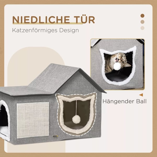 PawHut Kattehus med kradseflade, dobbelt dør, pude og legetøjsbold - grå MDF & polyester
