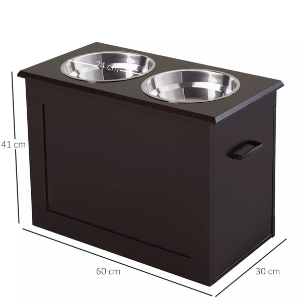 PawHut Forhøjet Hundeskål med Opbevaring - 2 Skåle i Rustfrit Stål, Espresso MDF - 60x30x41 cm