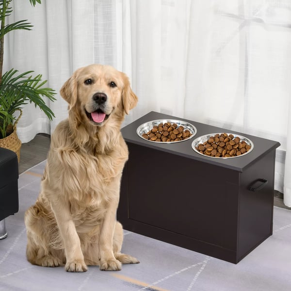 PawHut Forhøjet Hundeskål med Opbevaring - 2 Skåle i Rustfrit Stål, Espresso MDF - 60x30x41 cm