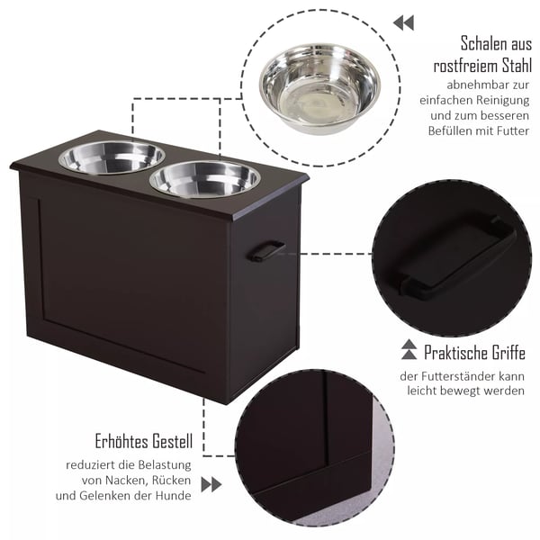 PawHut Forhøjet Hundeskål med Opbevaring - 2 Skåle i Rustfrit Stål, Espresso MDF - 60x30x41 cm