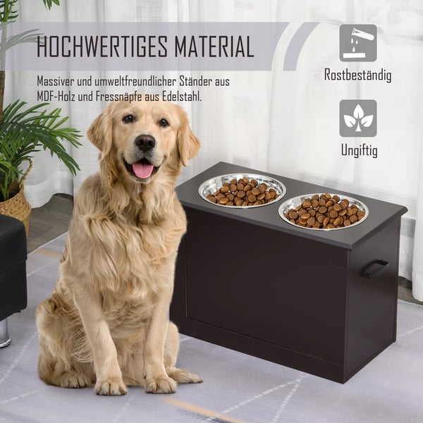 PawHut Forhøjet Hundeskål med Opbevaring - 2 Skåle i Rustfrit Stål, Espresso MDF - 60x30x41 cm
