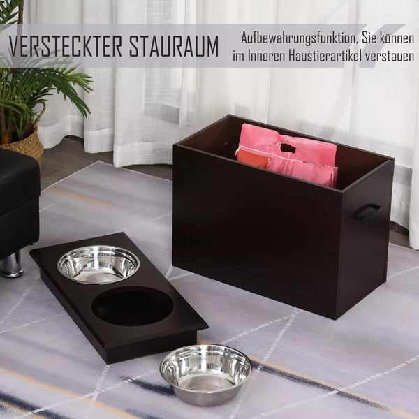 PawHut Forhøjet Hundeskål med Opbevaring - 2 Skåle i Rustfrit Stål, Espresso MDF - 60x30x41 cm