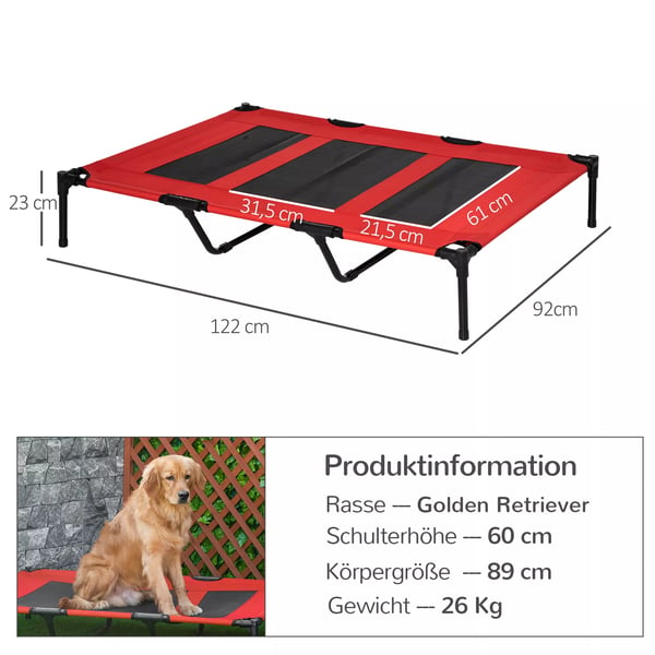 PawHut Forhjet Hundeseng til store hunde, Metal, Oxford, Rd/Sort, 122x92x23 cm