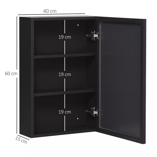 kleankin Spejlskab Sort V2gmonteret med 3 hylder, Rustfrit st2l, Aluminium, Glas, 40x15x60 cm