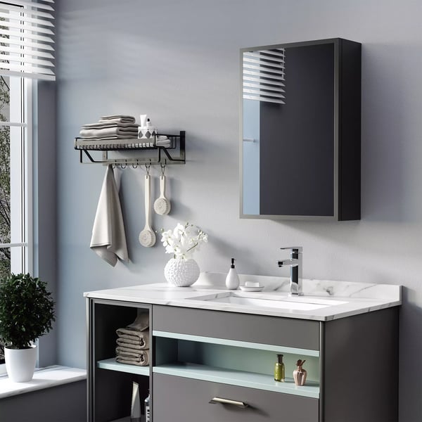 kleankin Spejlskab Sort V2gmonteret med 3 hylder, Rustfrit st2l, Aluminium, Glas, 40x15x60 cm