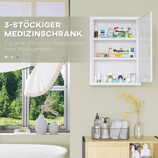 kleankin medicinskab til vægmontering, låsbar, 2 nøgler, stål, hvid, 40x15x53,5cm
