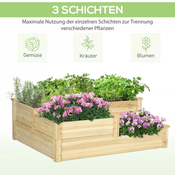Outsunny Højbed i Grantræ - 3 Trin, Naturtræ, Plantekasse til Urter, Grøntsager og Blomster