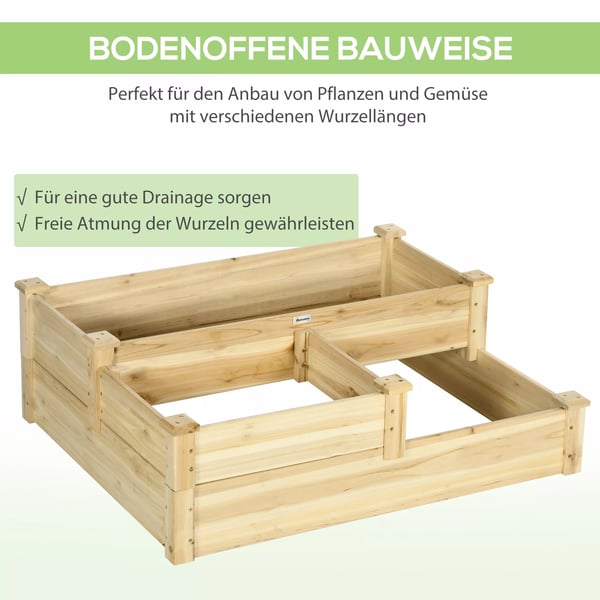 Outsunny Højbed i Grantræ - 3 Trin, Naturtræ, Plantekasse til Urter, Grøntsager og Blomster