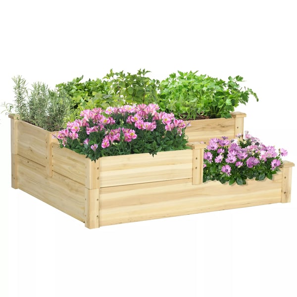 Outsunny Højbed i Grantræ - 3 Trin, Naturtræ, Plantekasse til Urter, Grøntsager og Blomster