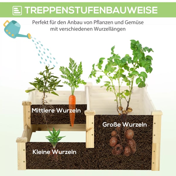 Outsunny Højbed i Grantræ - 3 Trin, Naturtræ, Plantekasse til Urter, Grøntsager og Blomster