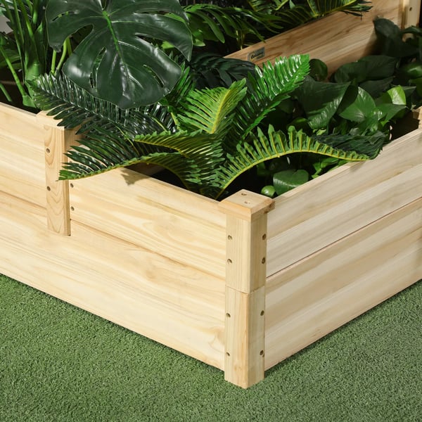Outsunny Højbed i Grantræ - 3 Trin, Naturtræ, Plantekasse til Urter, Grøntsager og Blomster