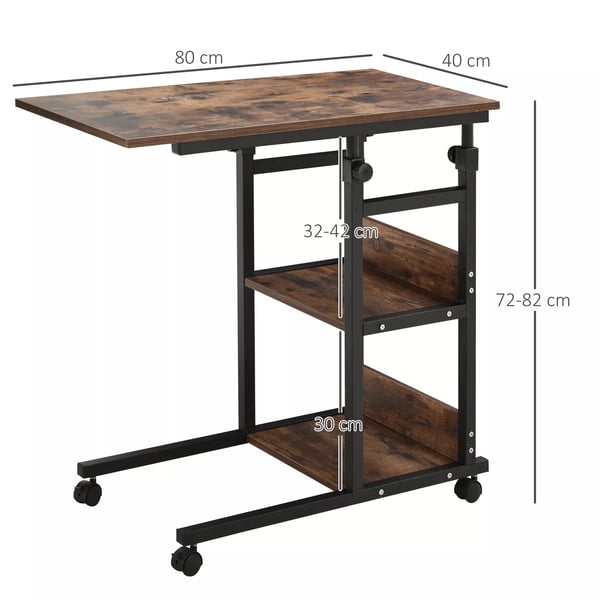 HOMCOM Sidebord med hjul, justerbar højde, 2 hylder, rustik brun/sort, 80x40x72-82 cm