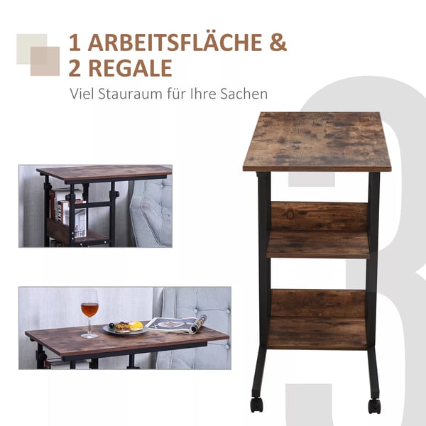 HOMCOM Sidebord med hjul, justerbar højde, 2 hylder, rustik brun/sort, 80x40x72-82 cm