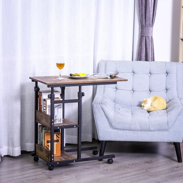 HOMCOM Sidebord med hjul, justerbar højde, 2 hylder, rustik brun/sort, 80x40x72-82 cm