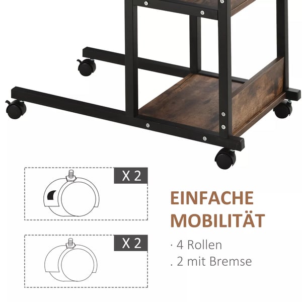 HOMCOM Sidebord med hjul, justerbar højde, 2 hylder, rustik brun/sort, 80x40x72-82 cm